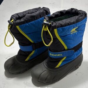 Boys Sorel Black and Blue Snow Boots with Yellow Trim (size 1)
